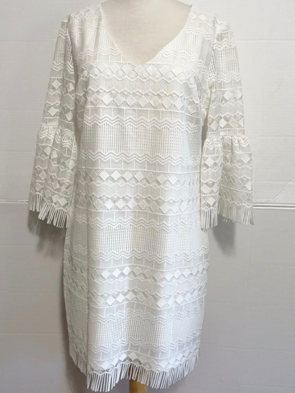 Trina Turk ivory dress tribal geometric lacy sleeves